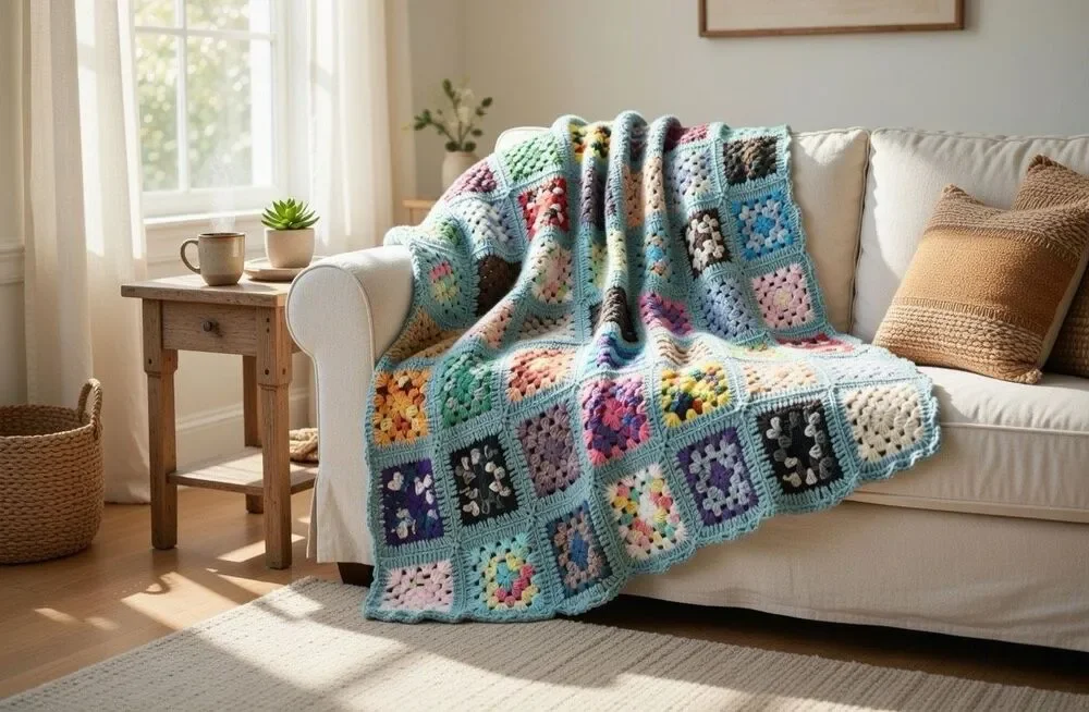 Vtg Afghan Grannycore pre Square Multicolored Handmade “41 x 41” Teal Blue/Green